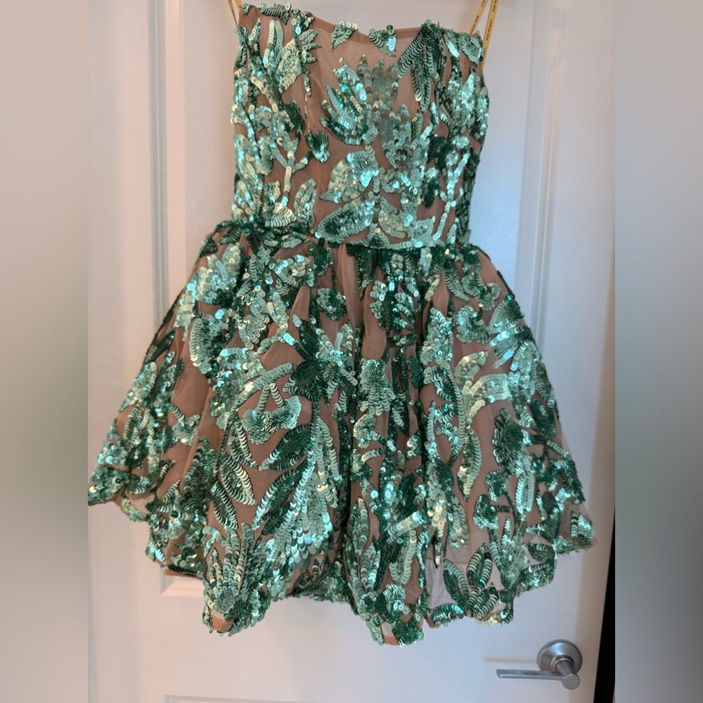 NWOT BRONX AND BANCO Chloe Teal Strapless Sequin Mini Dress, wedding guest dress - Picture 10 of 16